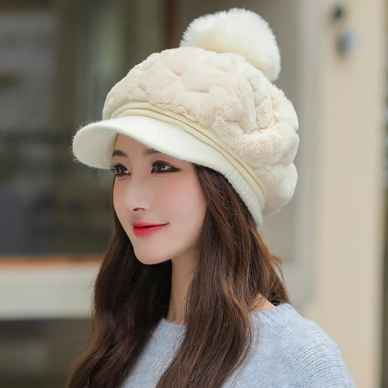 Autumn and winter new women's hats fashion wild plush warm duck tongue hat cute hairball cold protective ear cap