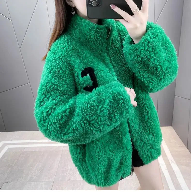 Trendy Winter Fleece-lined Thickened Double-sided Fleece Jacket For Women Warm Sweatshirt Cardigan Zip-up Down Coat