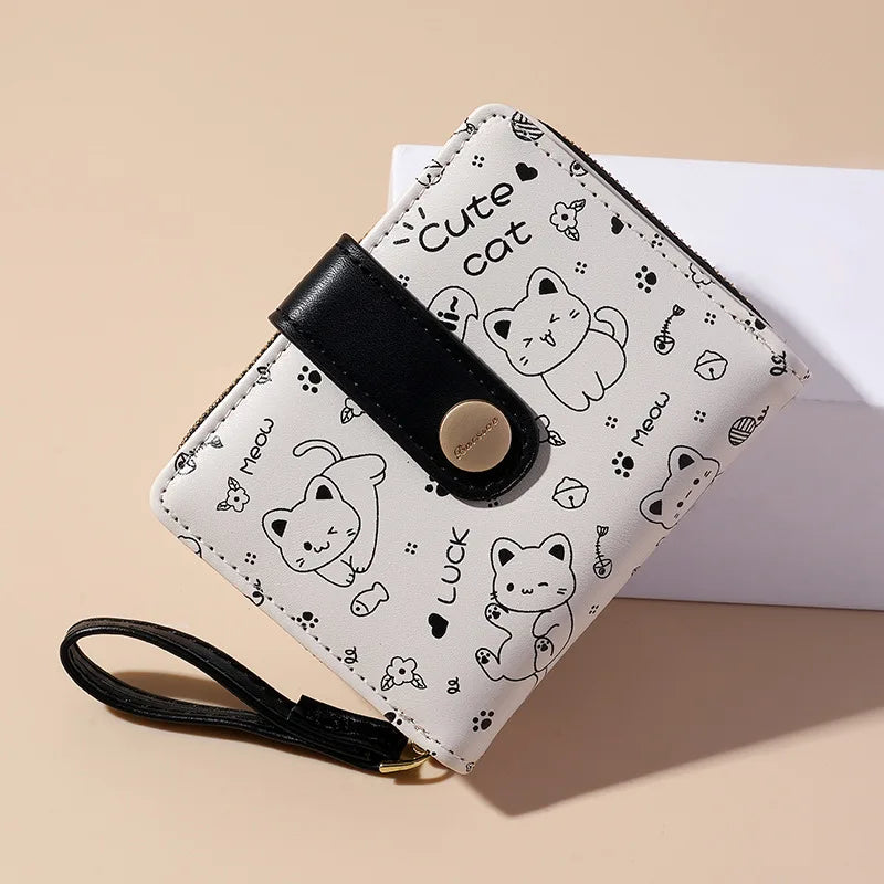 Japanese Cute Cat Girls Wallet Short Student ID Bank Card Holder Money Bag Zipper Wallets For Women Key Storage Purse Coin Purse