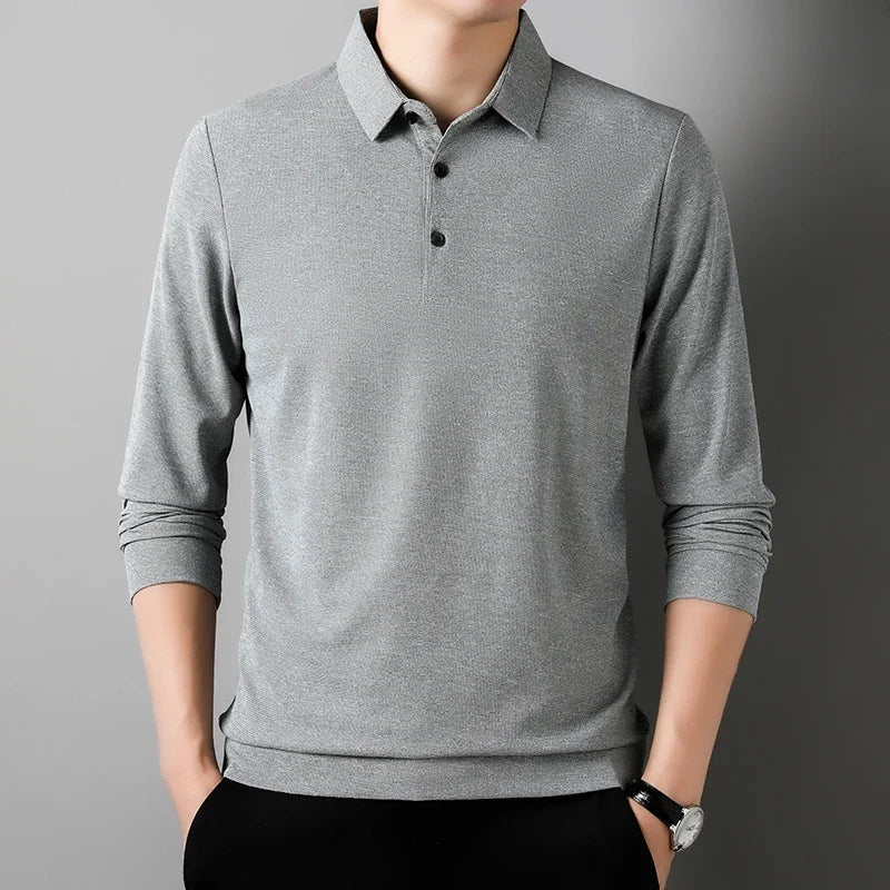 Men's Fashion Waffle Solid Long Sleeved Polo Shirt Summer Breathable Comfortable Top