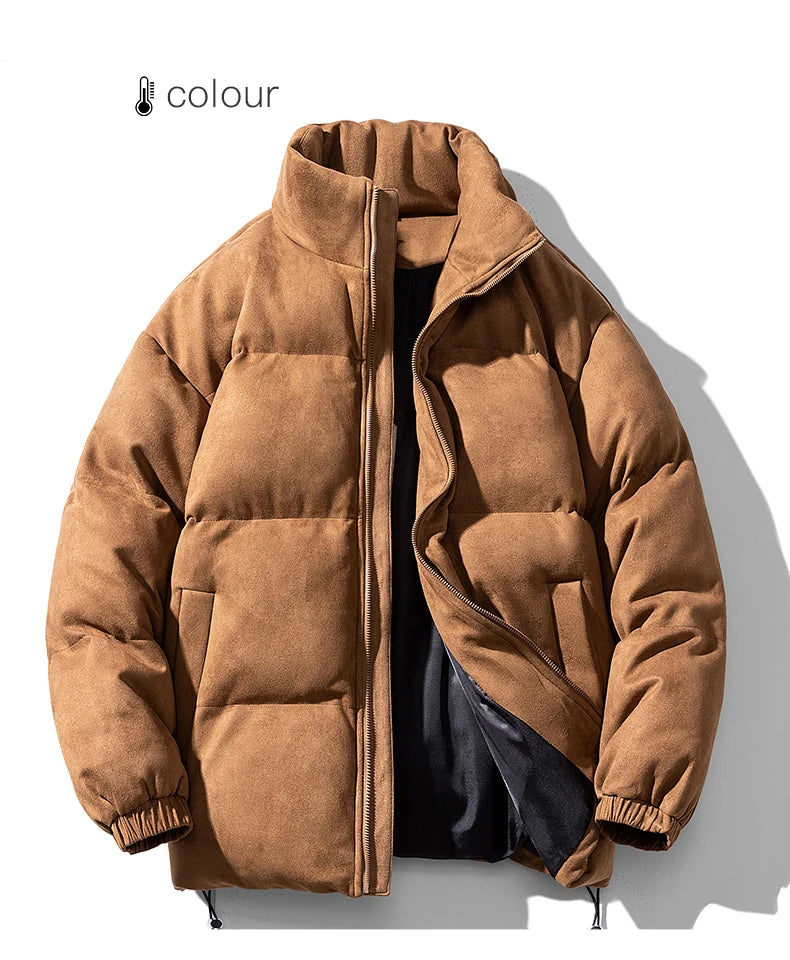 Winter Faux Suede Puffer Jacket New Retro Parkas Coat Men Various Color Cotton-Padded Coat Oversize Warm Solid Color Streetwear