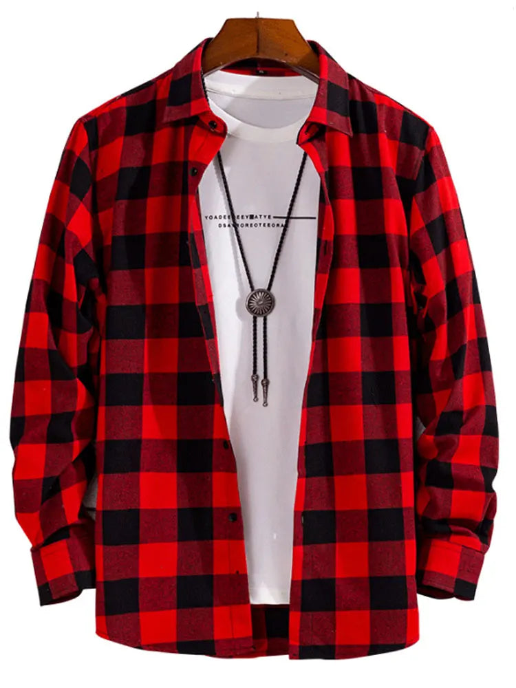 Spring and Autumn Fashion Cotton Long Sleeve Men's Shirt New Brushed Red Plaid Business Leisure Fit Flannel No iron