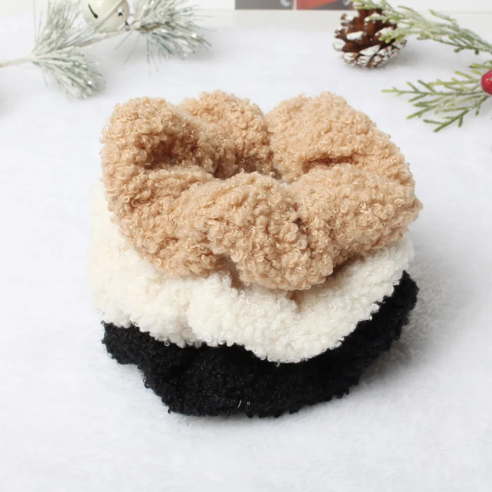 3PK Hair Scrunchies Furry Elastic Hair Band Women Girls Soft Teddy Hair Ties Ponytail Holder Hair Rubber Band Hair Accessories