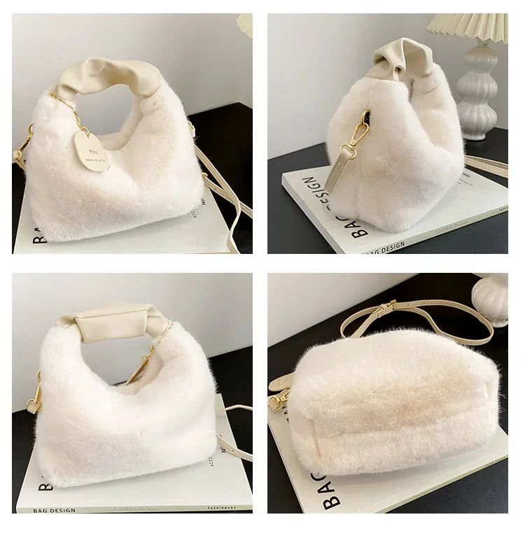 New Fashion Women Lady Shoulder Underarm Bag Solid Color Soft Plush Handbag Fluffy Totes Purse Autumn Winter Shopping Bag