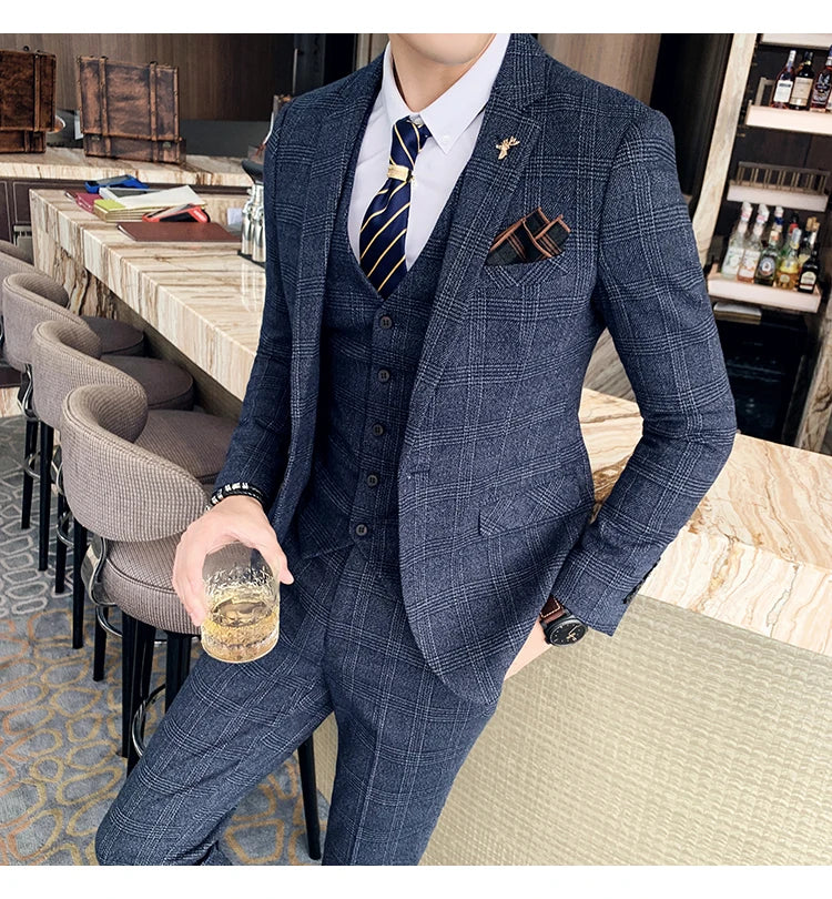 High Quality British Korean Modified Plaid Men (suit + Vest + Trousers) Stylish and Handsome Business Casual Three-piece Suit