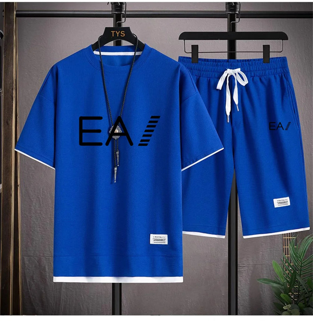 Men's summer new round necked short sleeved and shorts two-piece set with the letters EA1 printed, fashionable and casual set