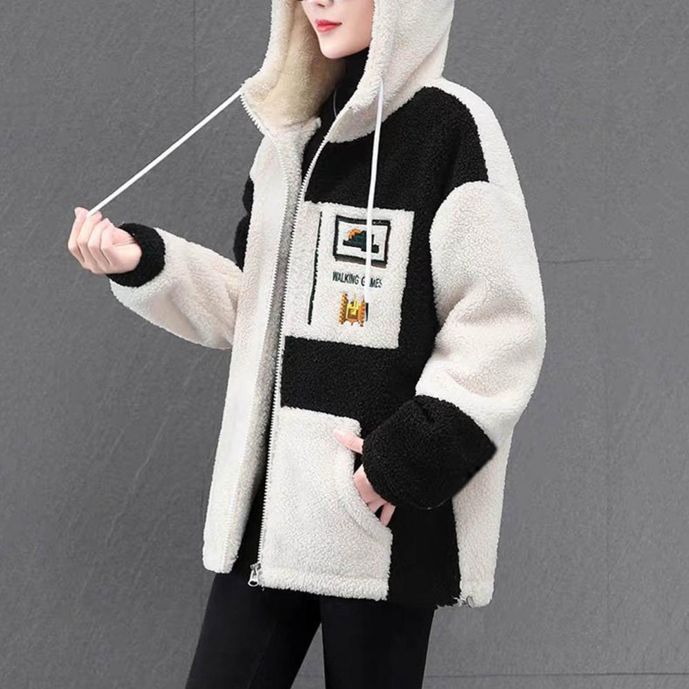 Zipper Closure Lady Coat Women Lightweight Jacket Cozy Hooded Colorblock Jacket Plush Embroidered Stylish Winter Coat for Women