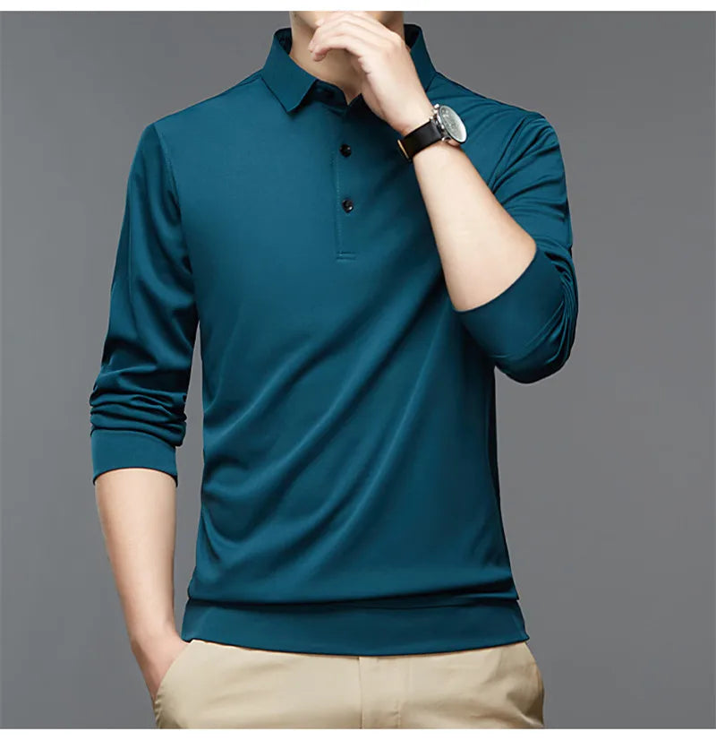 Fashion Men New Business Solid Polo Shirts Spring Autumn Thin Long Sleeve Button Lapel Male Clothing Loose Casual T-Shirt Tops