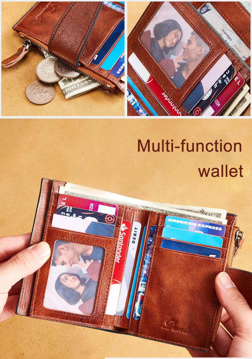 Men's Wallets RFID Genuine Leather Trifold Wallets For Men with ID Window and Credit Card Holder Man Purse Male Wallet Retro