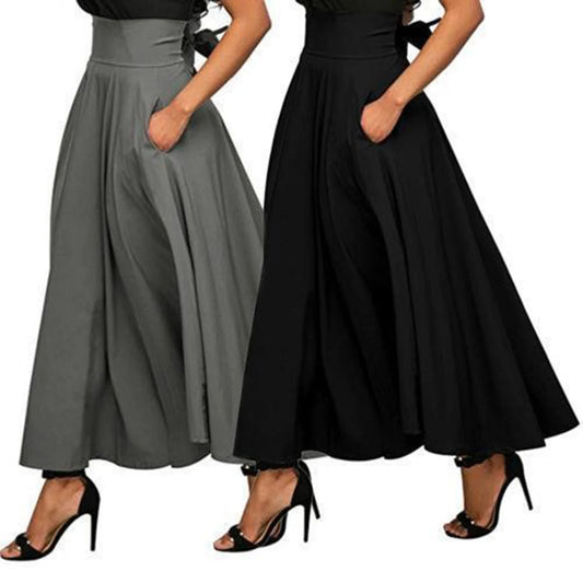 Mode Effen Kleur Grote Swing Vrouwen Rok Lange Rok Herfst Wilde Hoge Taille Strik Slanke Rokken