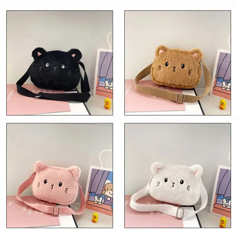 Plush Cartoon Children's Messenger Bag Cute Cat Lovely Kids Crossbody Handbags Zipper Little Girl Purse Gift For Child