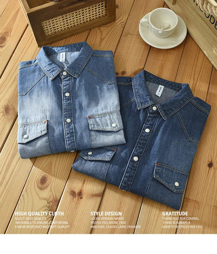 Spring New Retro Denim Shirts Men Casual 100% Cotton Gradient Men Clothing C8807