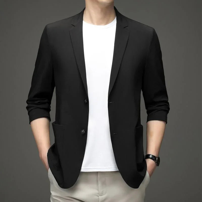 Men's Light Suit Jacket Summer Fashion Thin Blazer Anti-Wrinkle Slim Solid Lapel Casual Suit Breathable