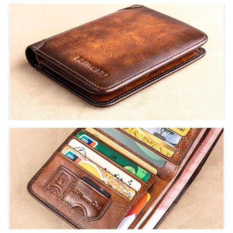 Genuine Leather Rfid Protection Wallets for Men Vintage Thin Short Multi Function ID Credit Card Holder Money Bag