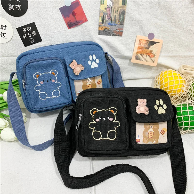 Canvas Small Bag Japanese ins Women Shoulder Bag Cute Funny Personality Embroidery Bear Girl Student Transparent Messenger Bag