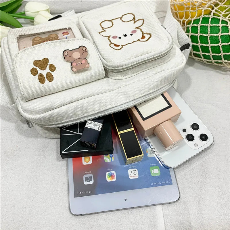 Canvas Small Bag Japanese ins Women Shoulder Bag Cute Funny Personality Embroidery Bear Girl Student Transparent Messenger Bag