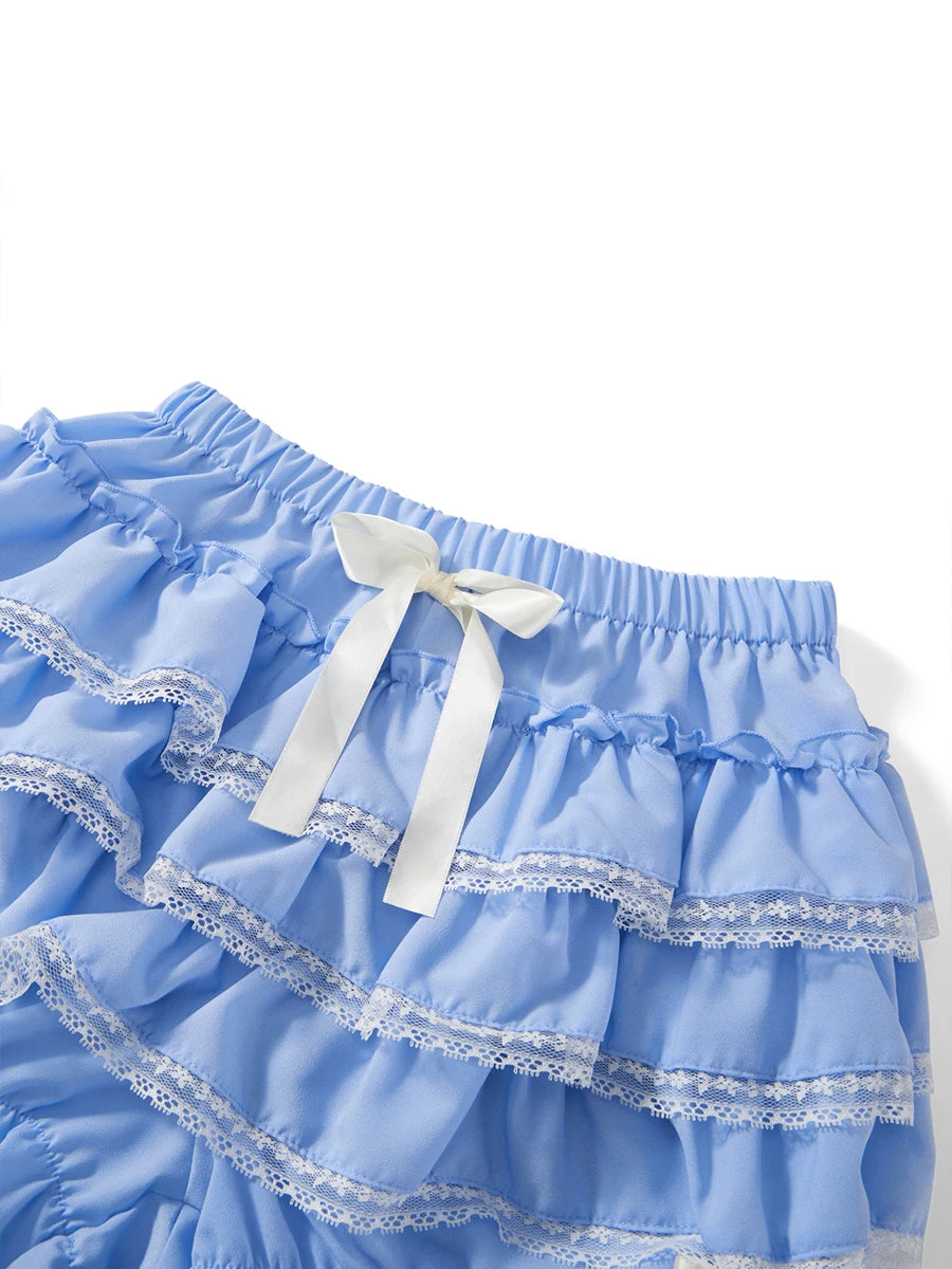 Women Lace Ruffle Shorts Kawaii Lolita Bloomers Layered Boxer Shorts Cute Pumpkin Pants Boy Shorts Bottoms (A Blue, S)