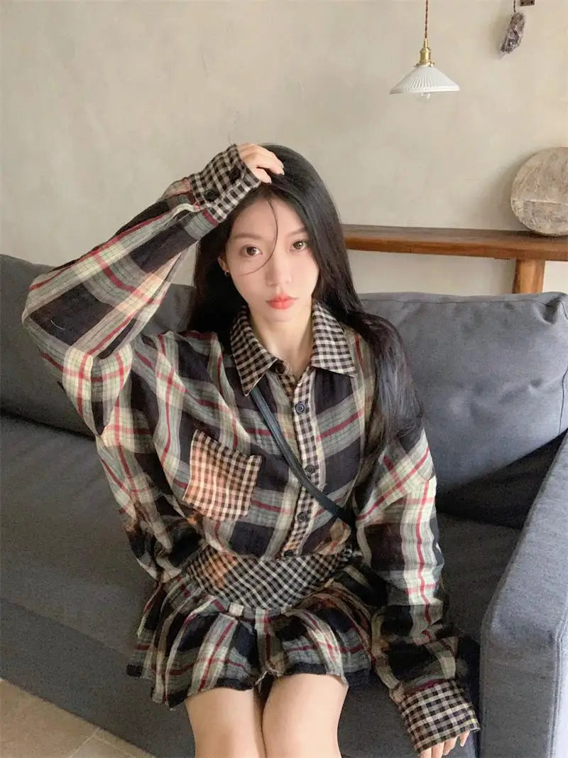 Onalippa Contrast Plaid Two Piece Sets Womens Outfits Turn Down Collar Casual Blouse Korean Chic Waist Belt Mini Pleated Skirts