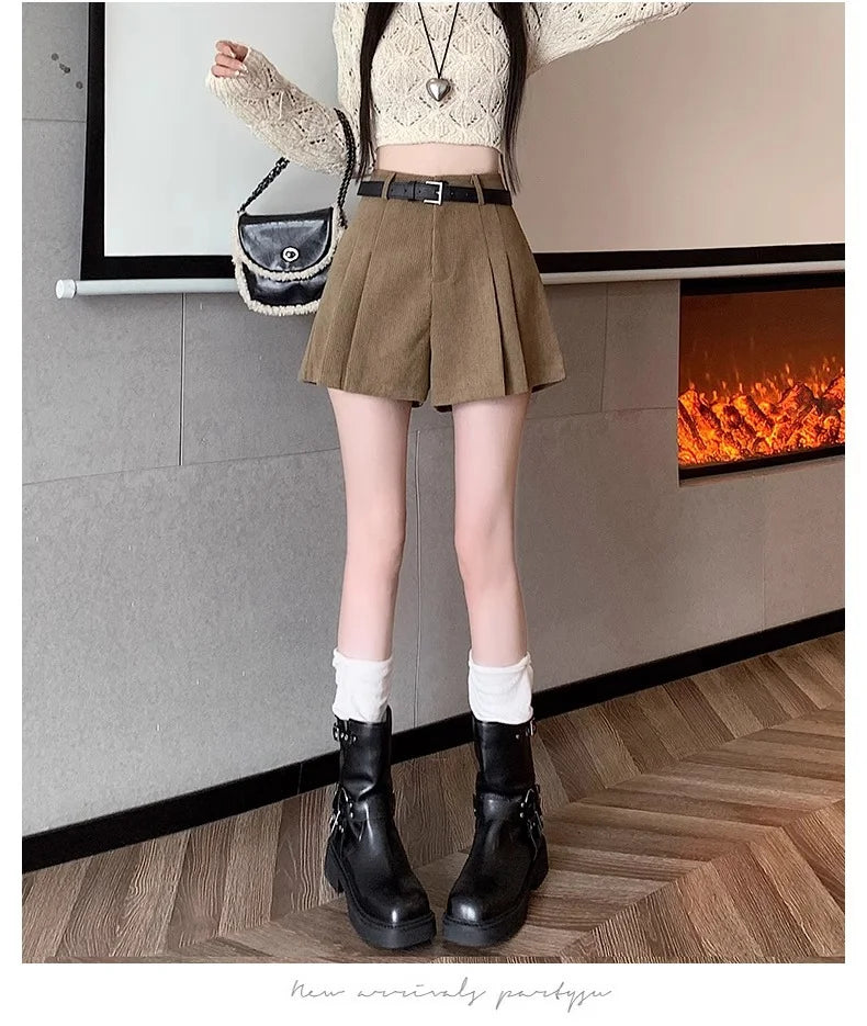 Corduroy Velvet Women Shorts Autumn Winter High Waist Slim Flared Trousers Fashionable Temperament A- crotch Boots