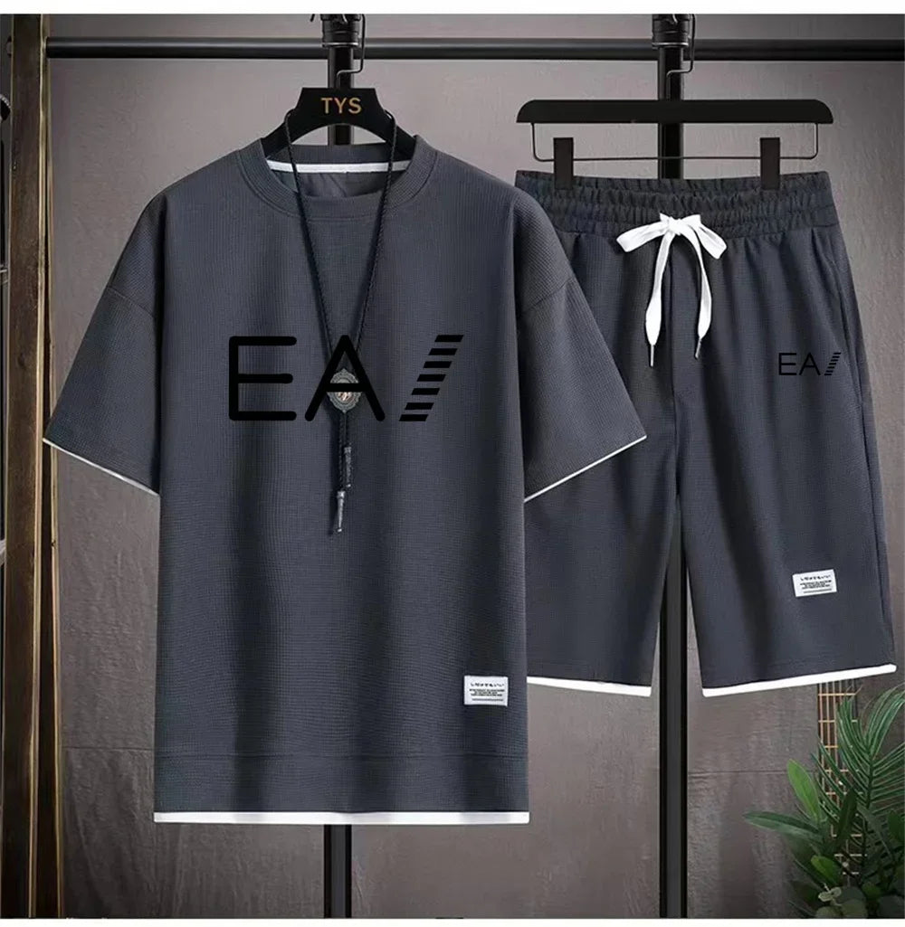 Men's summer new round necked short sleeved and shorts two-piece set with the letters EA1 printed, fashionable and casual set