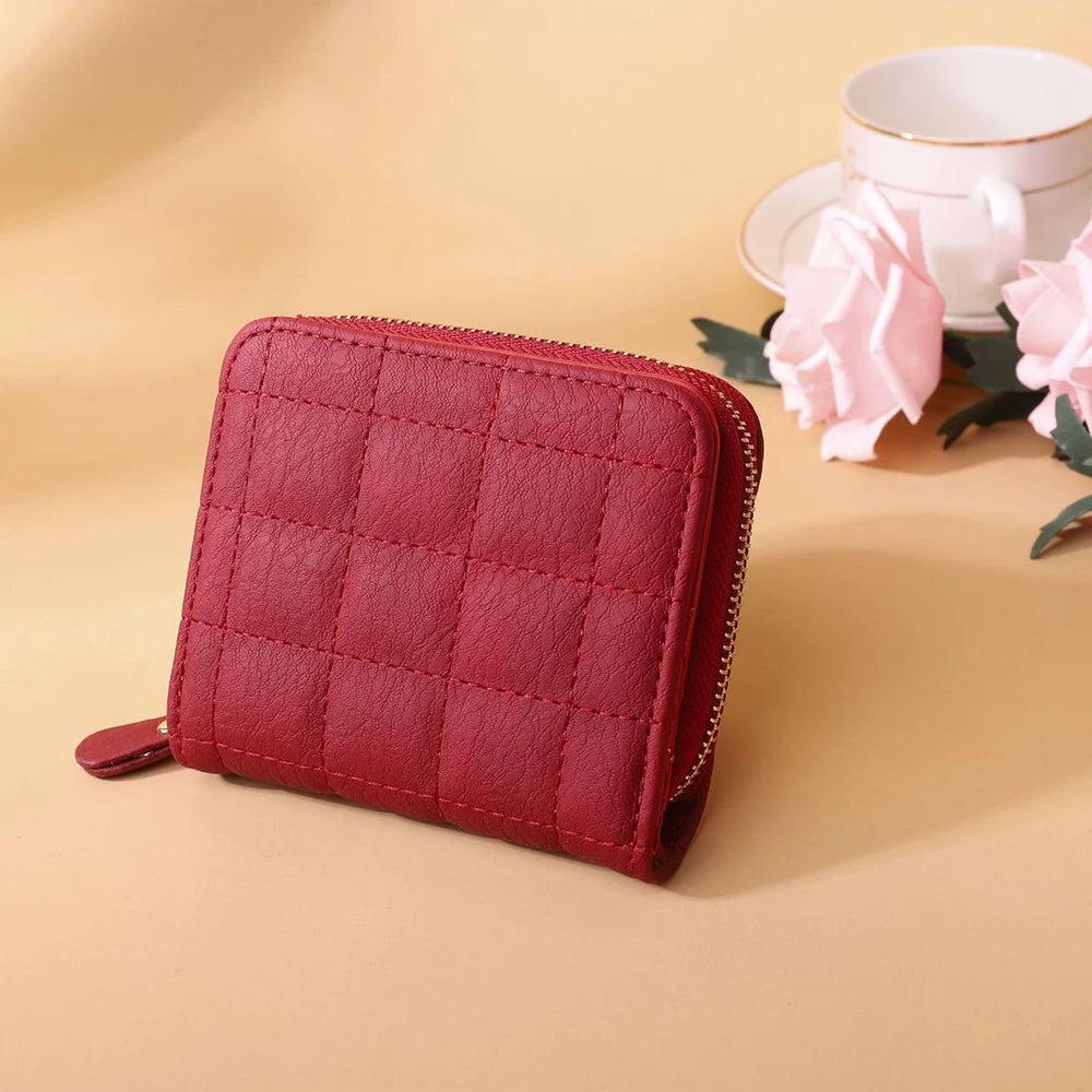 Leisure Flodable Short Wallets Coin Card Holder Women‘s PU Leather Plaid Zipper Coin Money Purses ID Credit Card Holder Wallet