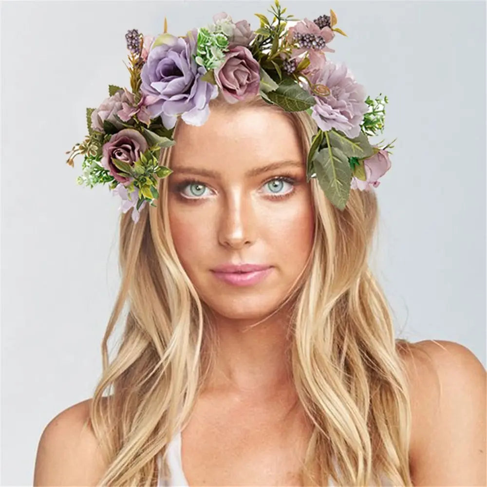 Flower Crown for Women Girls Flower Headband Green Leaf Headpiece Bohemian Festival Wedding Hair Wreath Photo Props Headwear