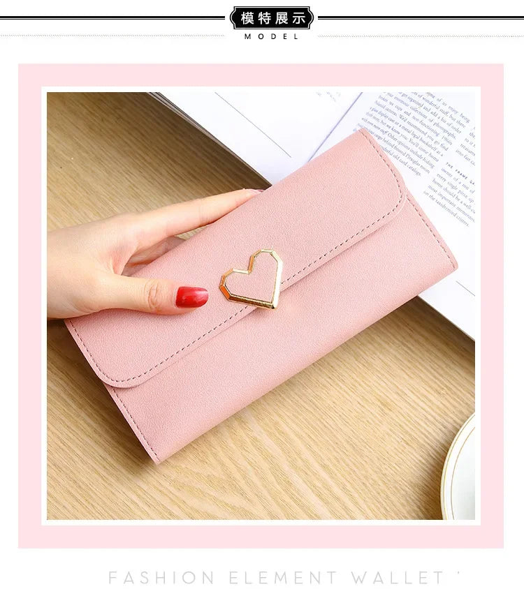 2024 Women Tri-Fold Wallet Metal Heart Pattern Girls Money Pocket Card Holder Luxury Designer Phone Clutch Fashion Card Holder