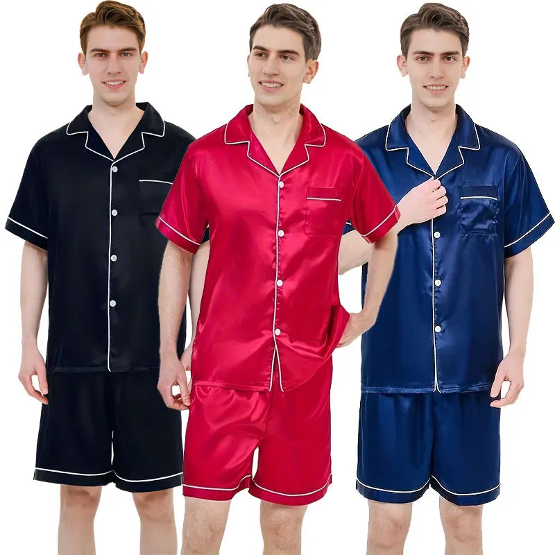 Vêtements de nuit pour hommes Nouveaux ensembles de pyjama Cardigan en soie glacée d'été pour hommes Shorts à manches courtes Senior Sense Of Solid Color Pyjamas Homewear