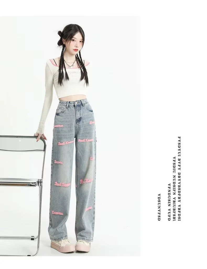 Loose Embroidered High-waist Women Jeans Spring Season Design Letter Straight Crotch Pants Slim Fit Dragging Long Pants