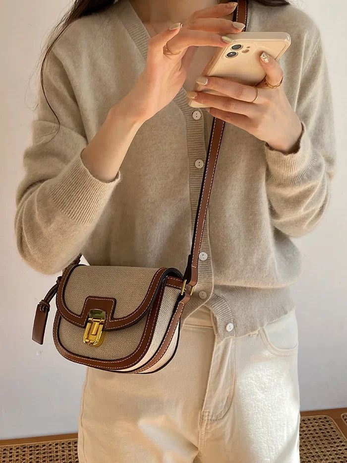 2024 New Small Style Contrast Panel Canvas Retro One Shoulder Crossbody Saddle Bag Handbags