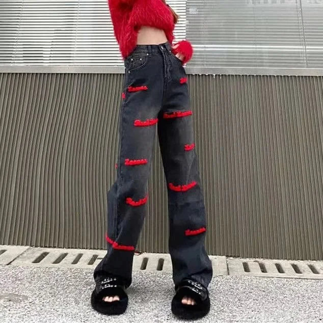 Loose Embroidered High-waist Women Jeans Spring Season Design Letter Straight Crotch Pants Slim Fit Dragging Long Pants