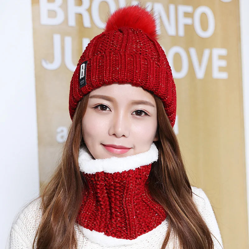 Brand Winter Knitted Scarf Hat Set Thick Warm Skullies Beanies Hats for Women Solid Outdoor Snow Riding Ski Bonnet Caps Girl