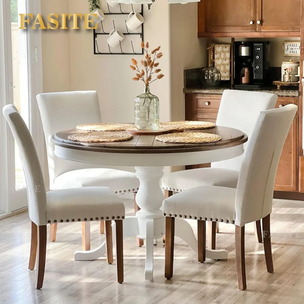 Set of 4, Fabric Dining Room Kitchen Side Chair with Nailhead Trim and Wood Legs - Beige