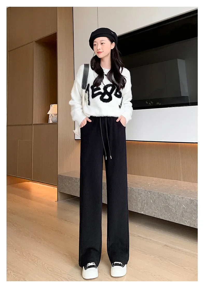 Women's Winter Thickened Fleece-lined Bell Bottoms Casual Straight-leg Pants High-waisted Draped Rice Cake Trousers New Model