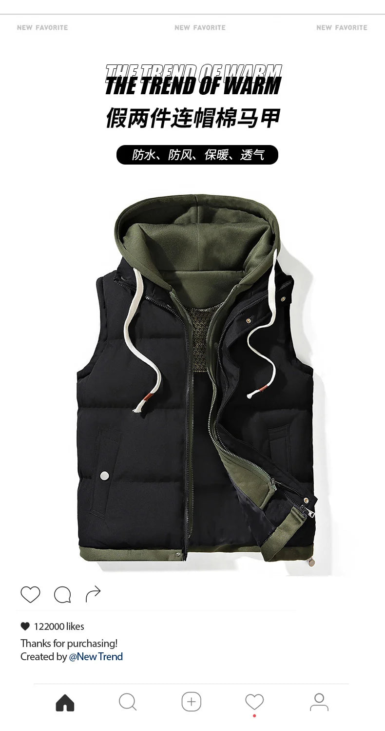 Korean Fashion Hooded Vest for Men Autumn Winter Casual Sleeveless Men Coats Windproof Sleeveless Men Cotton Jacket with Hood