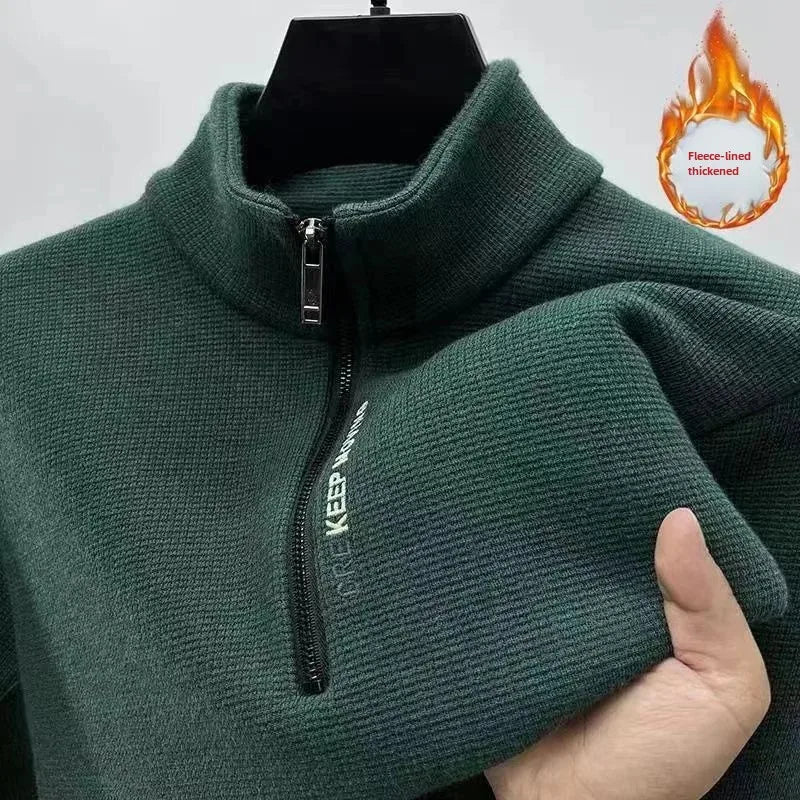 New Men's Fleece-lined Thickened Sweatshirt Half-zip Up Winter Warm Casual Long Sleeve Stand Collar Base Layer Top