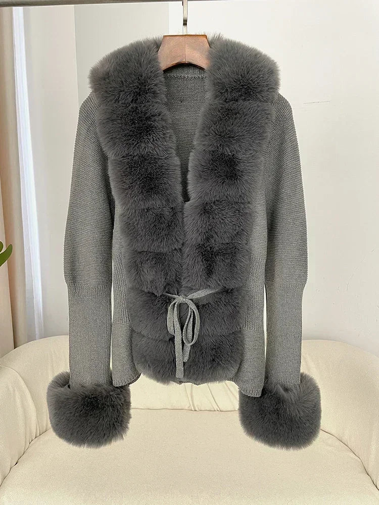 Autumn/Winter 2024 Women's Fur Coat Luxury Patchwork Knitted Sweater Bandage Fur Cardigan Detachable Collar Jacket Faux Fur Coat