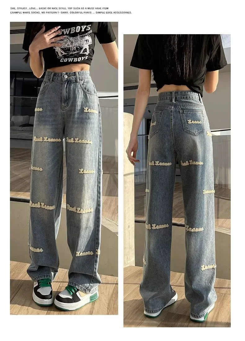 Loose Embroidered High-waist Women Jeans Spring Season Design Letter Straight Crotch Pants Slim Fit Dragging Long Pants