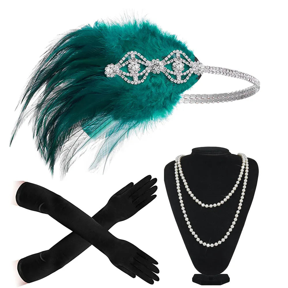 Women 20s Great Gatsby Party Costume Flapper Headband Pearl Necklace Glove 1920s Great Gatsby Headpiece Accessories Set