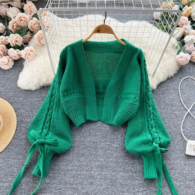 Green Casual Acrylic Knit V-Neck Lantern Long Sleeve Lace Up Women's Cardigan Sweater Short Cardigan For Women Clothing 2024