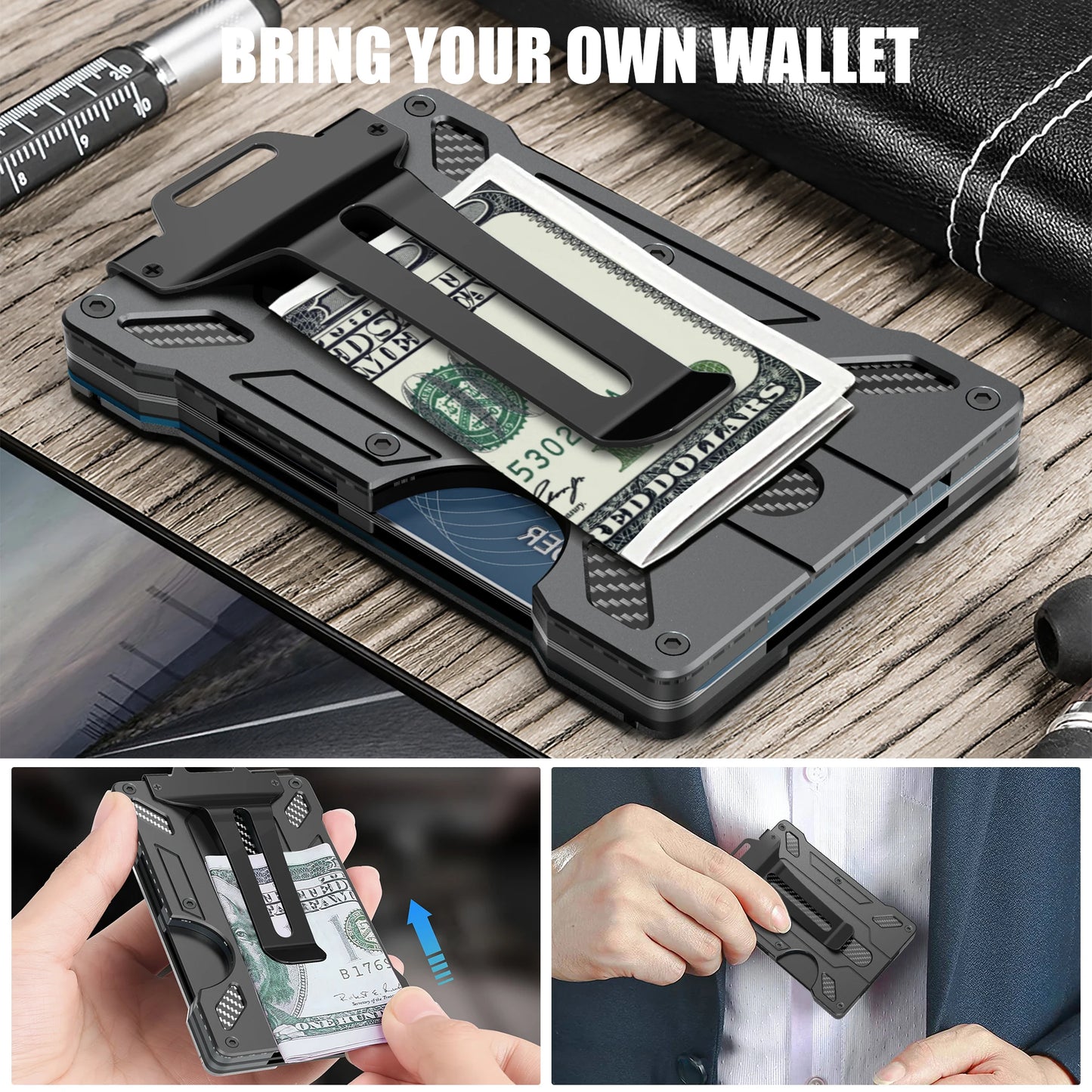 Minimalist Wallet for Men- Slim Aluminum Metal Money Clip Wallet with Clear ID Card Holder, RFID Blocking, Holds up 15 Cards