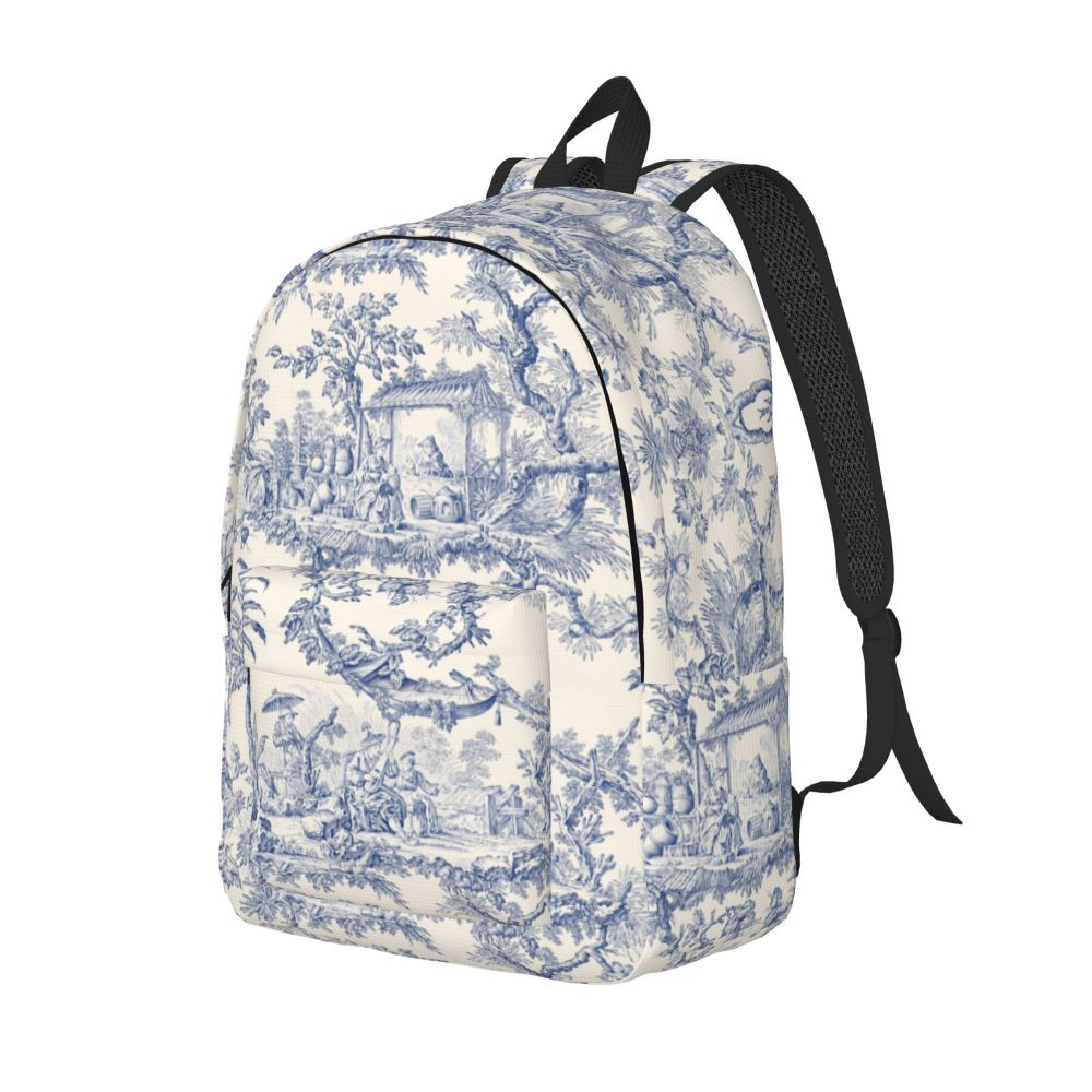 Personalized Navy Blue Toile De Jouy Canvas Backpacks Men Women Basic Bookbag for School College French Countryside Floral Bags