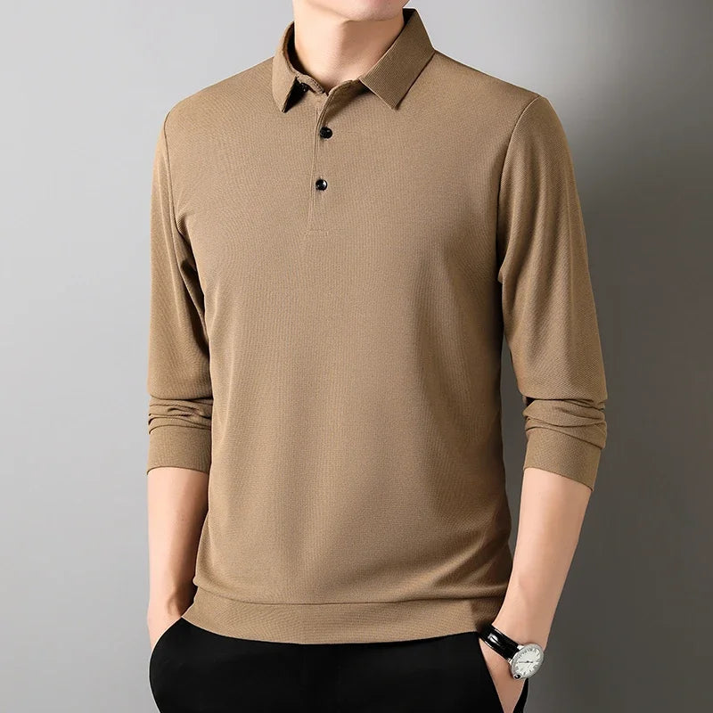 Men's Fashion Waffle Solid Long Sleeved Polo Shirt Summer Breathable Comfortable Top