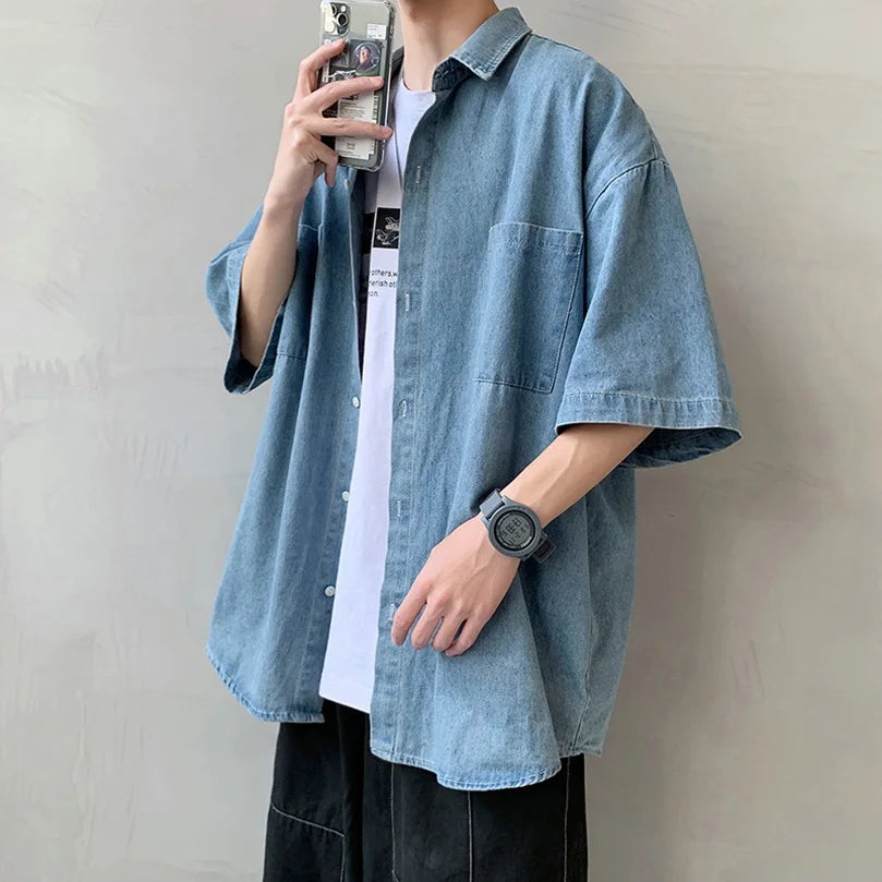 Summer Brand Denim Shirt Men Short Sleeve Cargo Shirt Coat Loose University Handsome Top Clothes 2023 Cowboy Oversize