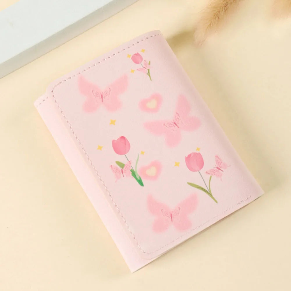 Cute Flower Bow Wallet Women Sweet Pink Three Fold Purse Card Holder for Girl Portable Travel Cash Coin Pouch Photo Card Bag