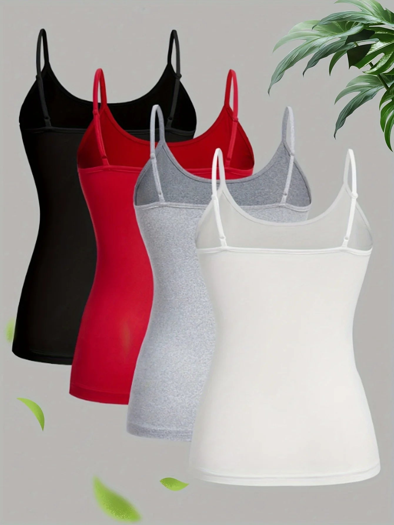 Lot de 4 hauts camisole décontractés sans manches à bretelles spaghetti de couleur unie, vêtements pour femmes