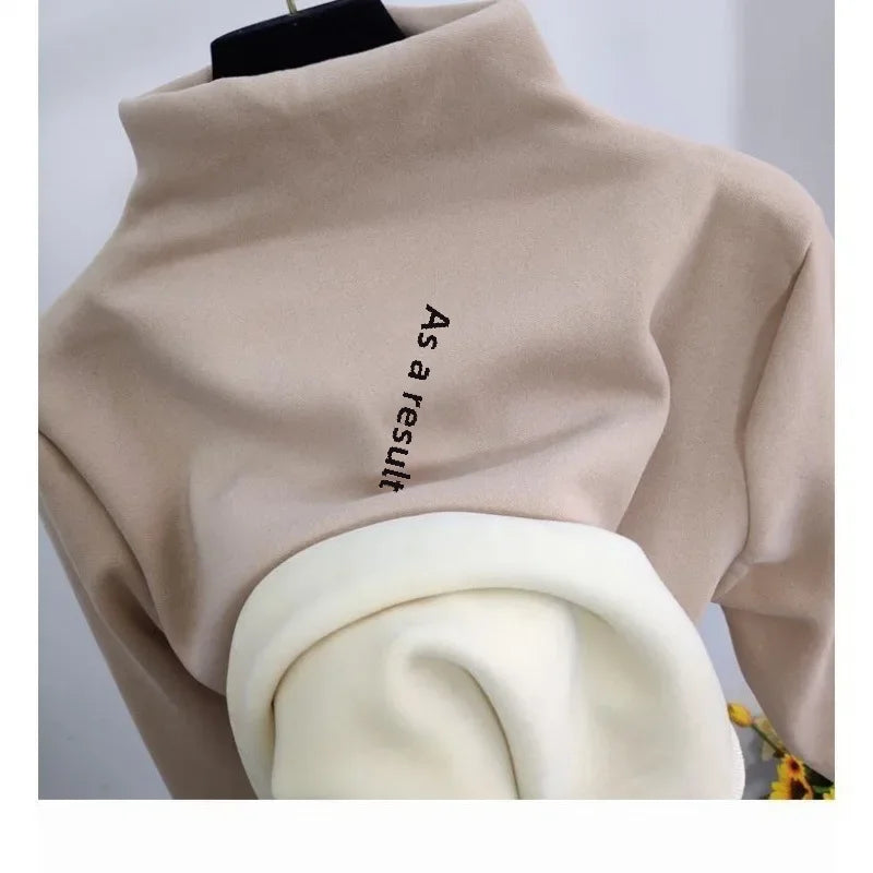 Long Sleeve Sanding T-shirt Thickened Stylish Letter Embroidery Half Polo/turtle Neck Base Layer Top Women Autumn Winter Arrival