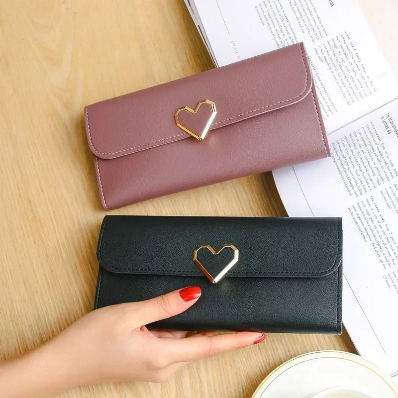 2024 Women Tri-Fold Wallet Metal Heart Pattern Girls Money Pocket Card Holder Luxury Designer Phone Clutch Fashion Card Holder