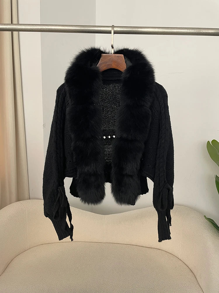 New Knitting Cardigan 2024 Winter Women Knitted Jacket with Natural Fur Placket Coat Casual Real Fox Fur New Fashion Short Warm