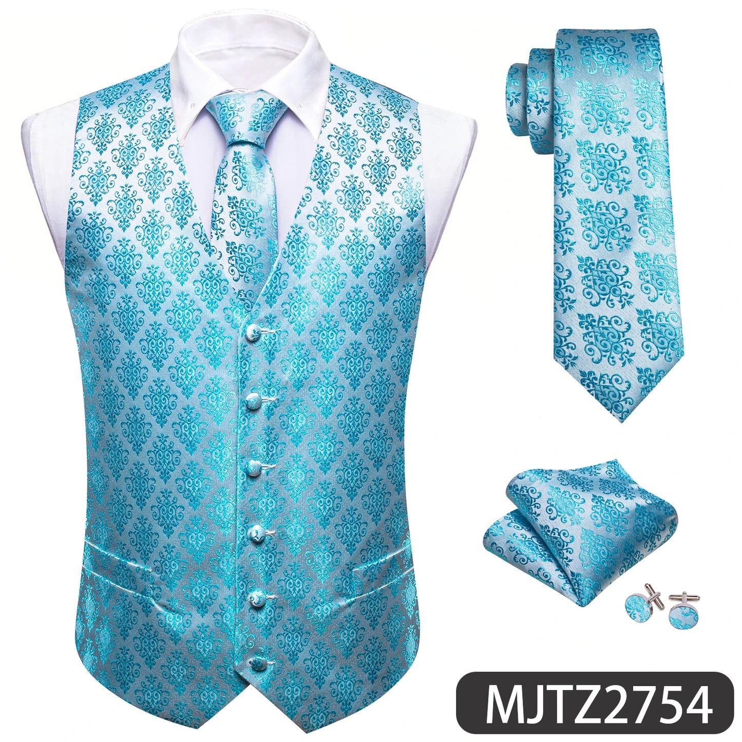 Sky Navy Royal Teal Blue Silk Men Vest Tie Hanky Cufflink Set Woven Waistcoat Sleeveless Jacket Male Wedding Business Barry.Wang